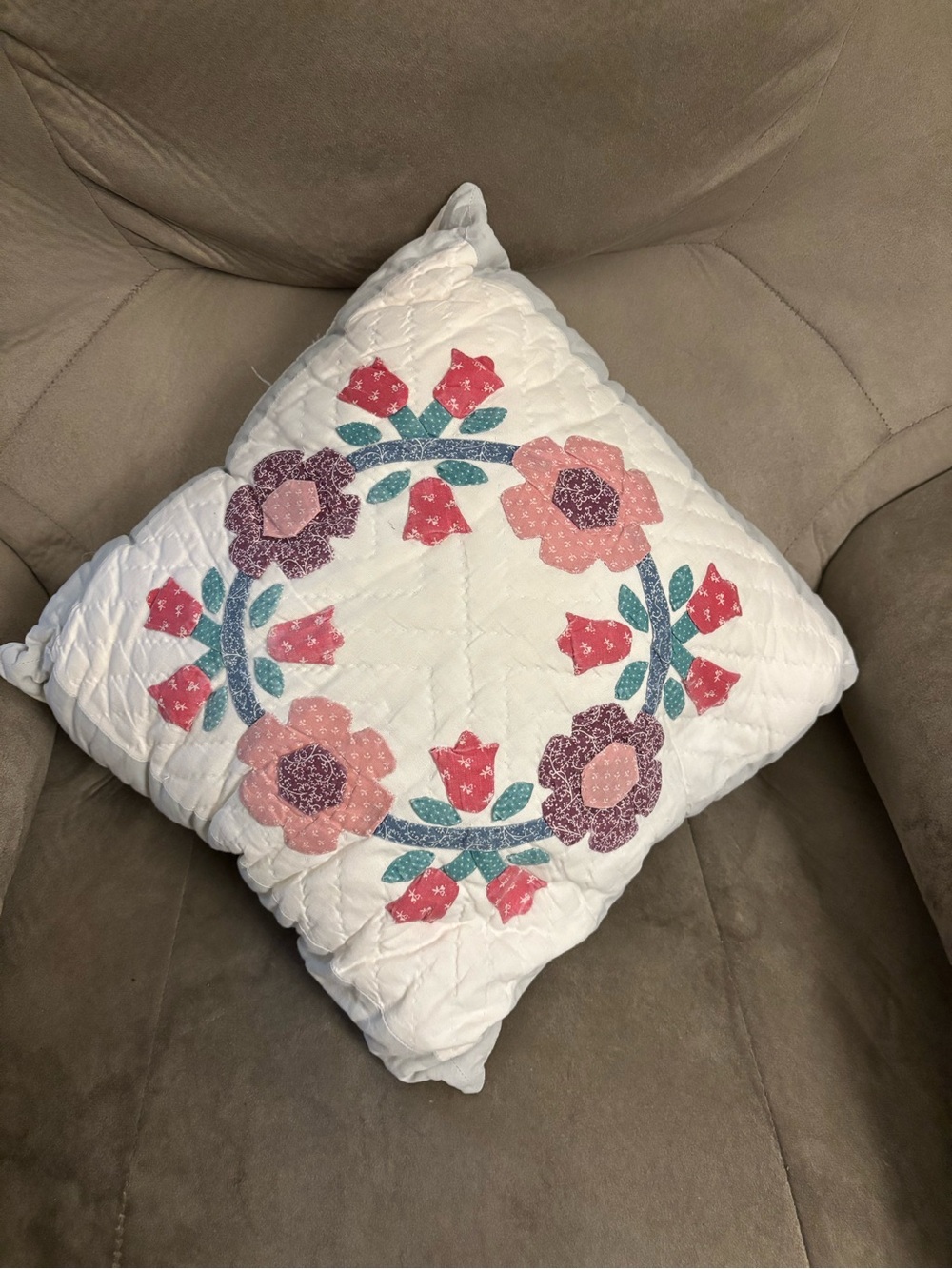 Vintage 90s Elevated Coquette Hand-Quilted Floral Appliqué Square Pillow